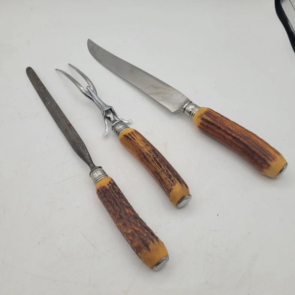 VTG DEXTER CARVING SET WITH STAG‎ STYLE HANDLES ~ Knife, Fork & Sharpening Steel